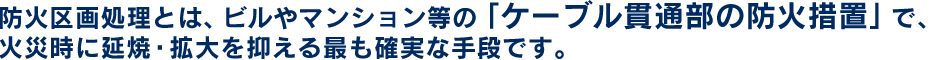 防火区画処理とは、ビルやマンション等の「ケーブル貫通部の防火措置」で、火災時に延焼・拡大を抑える最も確実な手段です。